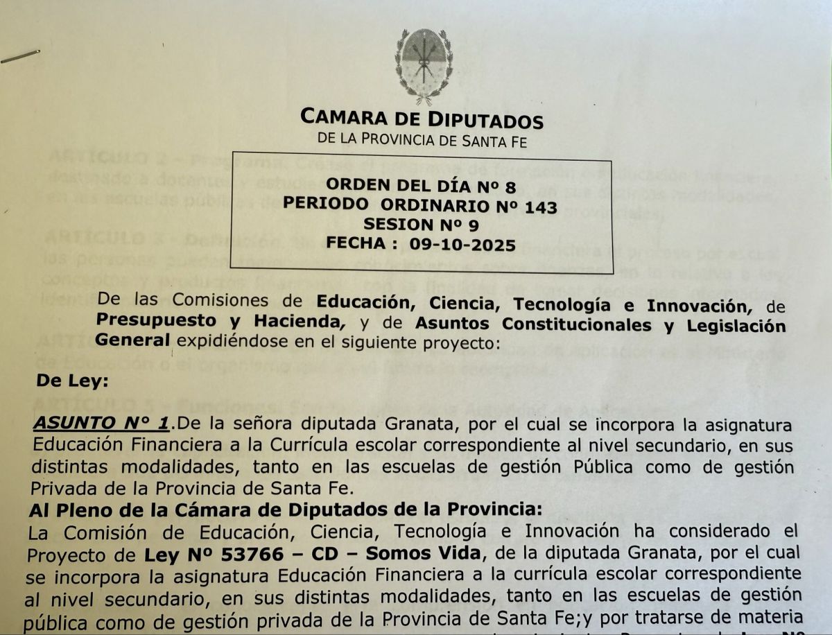 Santa Fe: Media sanción al proyecto para enseñar Educación Financiera en las secundarias
