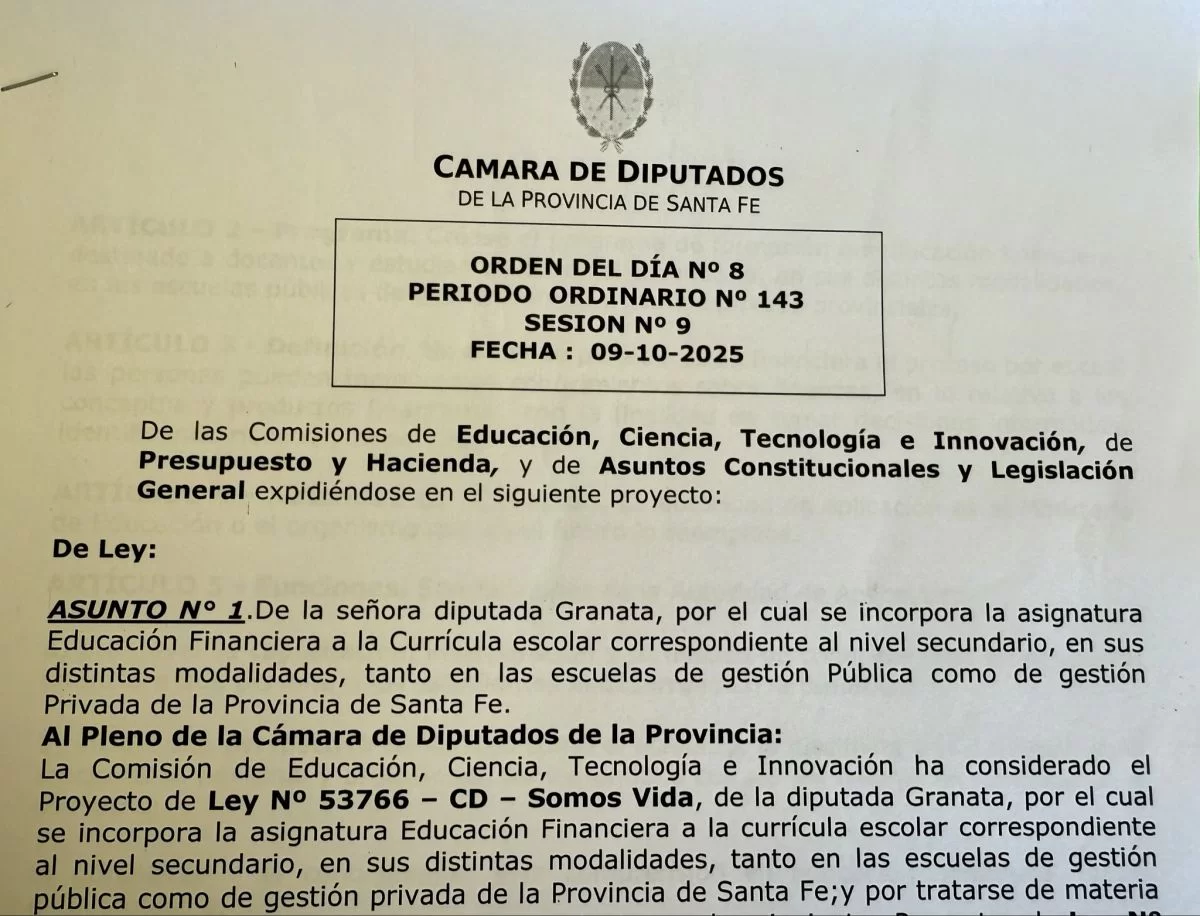 Santa Fe: Media sanción al proyecto para enseñar Educación Financiera en las secundarias